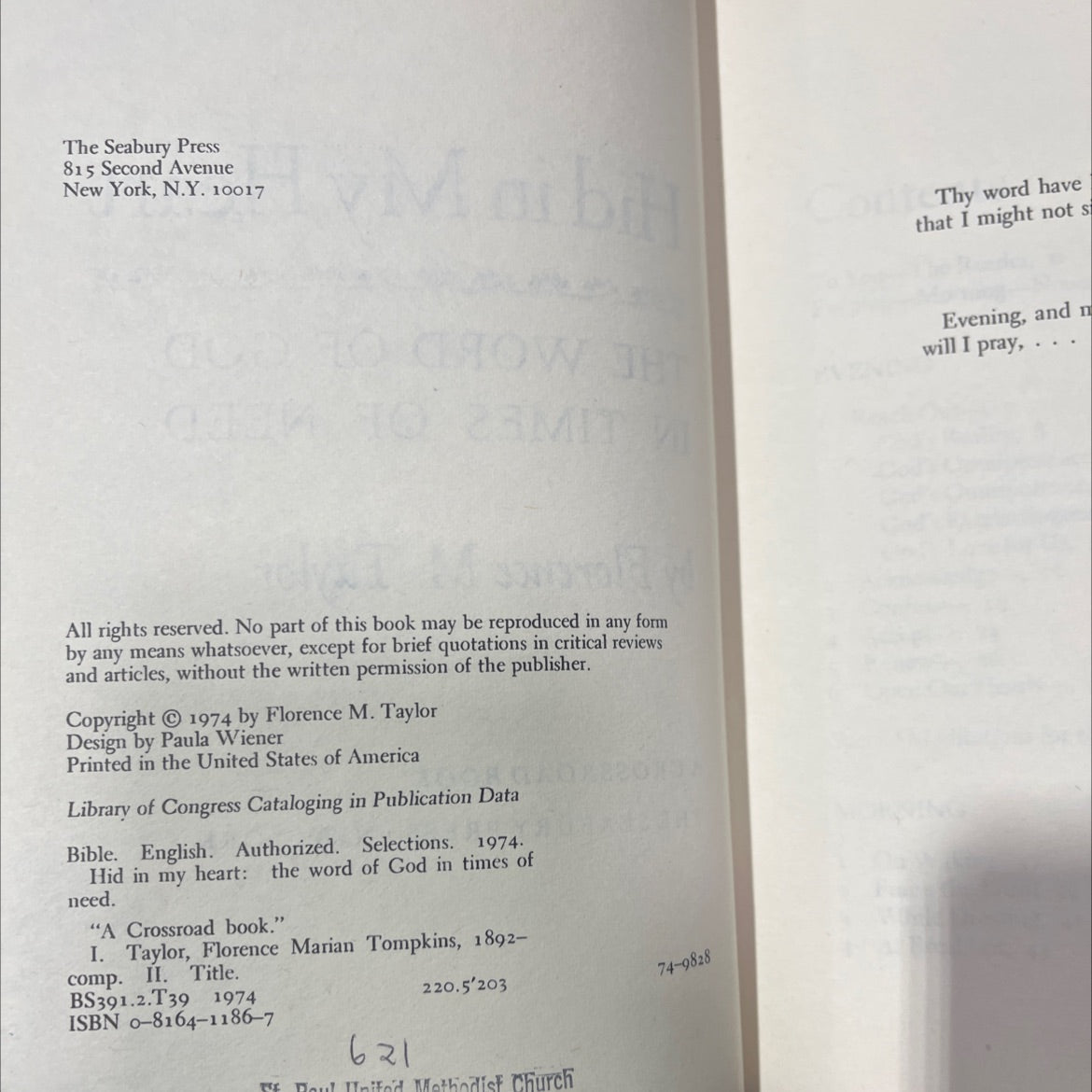 hid in my heart the word of god in times of need book, by Florence M. Taylor, 1974 Hardcover