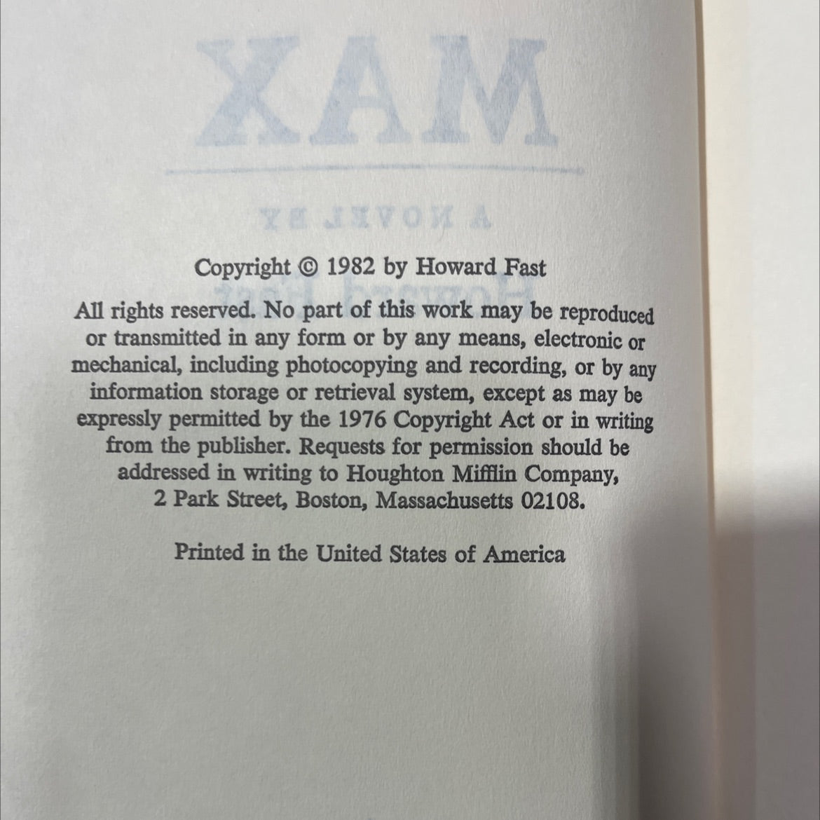 max book, by howard fast, 1982 Hardcover