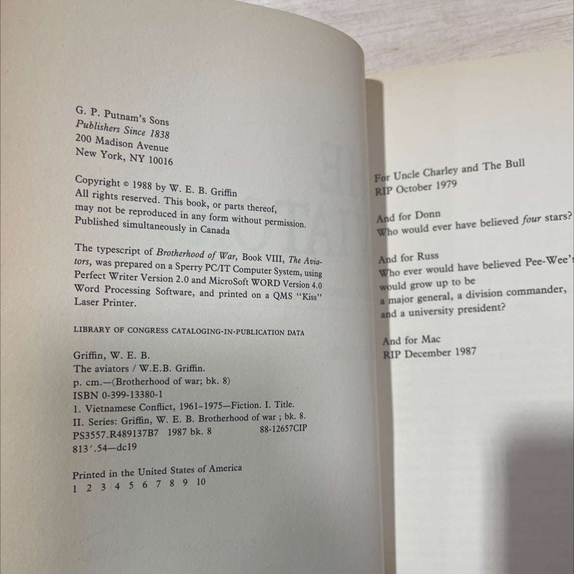the aviators book, by W. E. B. Griffin, 1988 Hardcover, Vintage